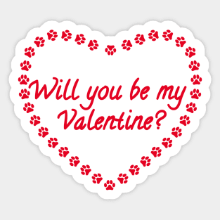 Will you be my Valentine? Red Heart Paw Print Sticker